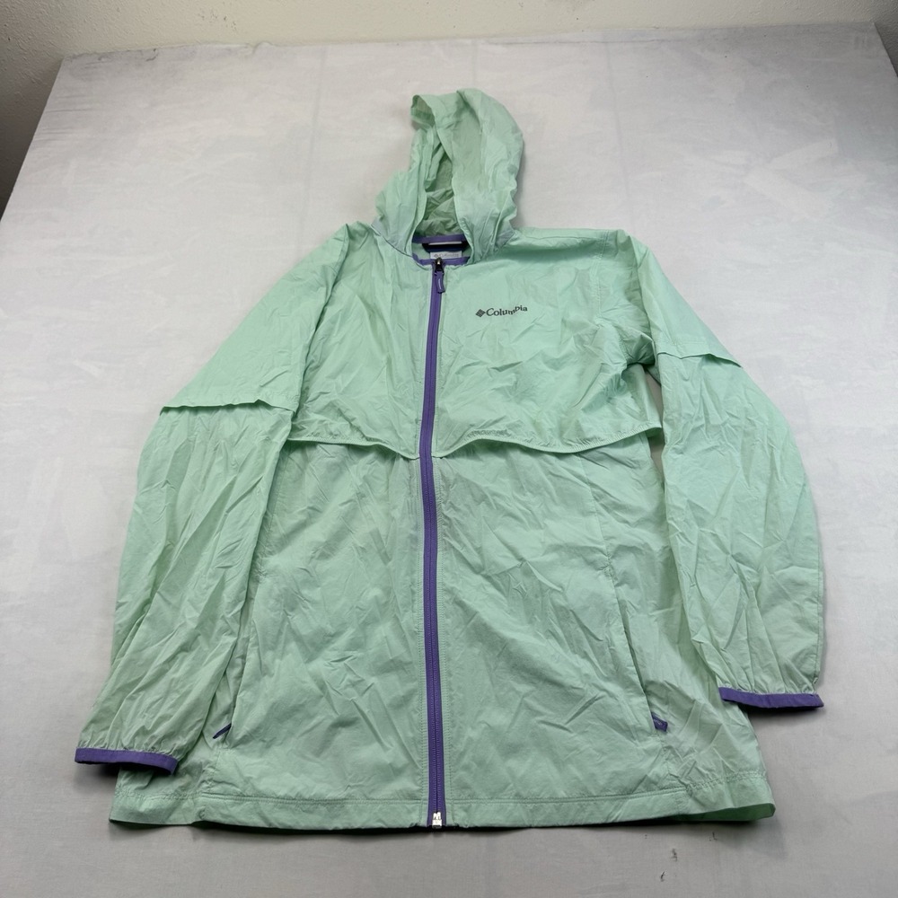 Columbia Womens XL Mint Green Purple Hooded Full Zip Rain Jacket
